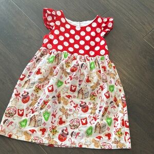 Euc Disney Red Polka Dot Dress with Holiday Print